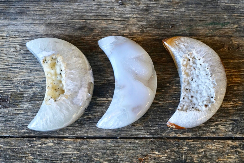 Agate Crescent Moon with Druzy Cluster (3”-4”)
