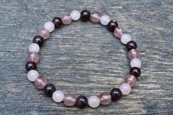 Rose Quartz + Strawberry Quartz + Garnet Bracelet (6mm)