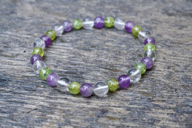 Amethyst + Peridot + Clear Quartz Bracelet (6mm)