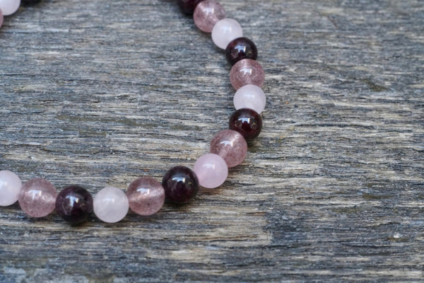 Rose Quartz + Strawberry Quartz + Garnet Bracelet (6mm)